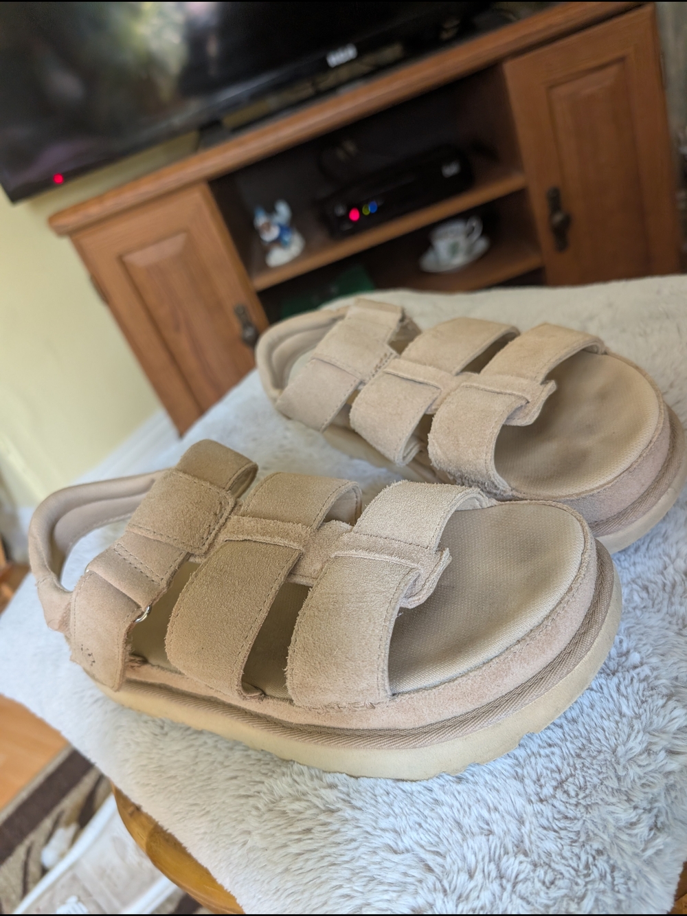 Women's Triple-Strap Suede Sandals in Beige